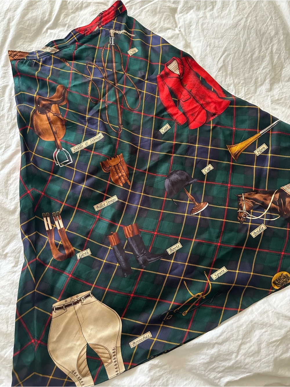 RARE 90’s Vintage Ralph Lauren Green Plaid Equestrian-Print Silk A-Line Skirt - Picture 2 of 8